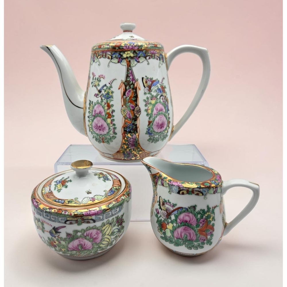 Vintage Cantonese Famille Rose Medallion Porcelain Tea Set Peonies Butterflies